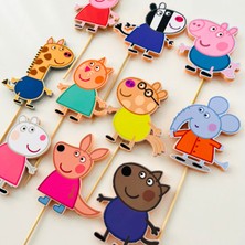 Cake Topper Peppa Temalı Kız Çocuk Doğum Günü 3 Boyutlu Çubuklu Pasta Süsü Seti (10 Adet)