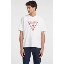 Guess Erkek Beyaz  Logolu  Ikonik T-Shirt