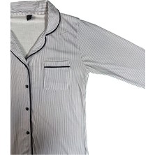 Prestij Homewear Kadın Çizgili Beyaz Düğmeli Pamuklu Gömlek Yaka Uzun Kollu Pijama Takımı