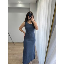 Ferqane Xalilova Lacivert Iki Yandan Yırtmaçlı Midi Elbise