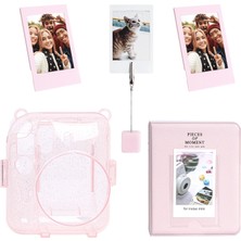 Instax Mini 12 Simli Şeffaf Pembe Kılıf Pvc 64'lü Albüm ve Fotoğraf Çerçeveleri Aksesuar Seti