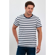 Combine Michail Lacivert Erkek Slim Fit Kesim Bisiklet Yaka Kısa Kollu Çizgili T-Shirt - Lacivert