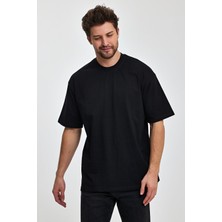Combine Michail Erkek Oversize Fit Kalın Kumaş Dokulu Bisiklet Yaka T-Shirt - Siyah