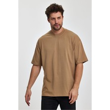 Combine Michail Erkek Oversize Fit Kalın Kumaş Dokulu Bisiklet Yaka T-Shirt - Karamel