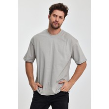Combine Michail Erkek Oversize Fit Kalın Kumaş Dokulu Bisiklet Yaka T-Shirt - Grı