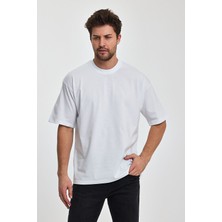 Combine Michail Erkek Oversize Fit Kalın Kumaş Dokulu Bisiklet Yaka T-Shirt - Beyaz