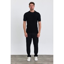 Combine Michail Erkek Siyah Bisiklet Yaka Slim Fit Çizgili Esnek Nefes Alan Triko T-Shirt
