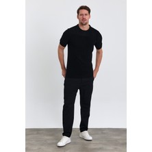 Combine Michail Erkek Siyah Bisiklet Yaka Slim Fit Çizgili Esnek Nefes Alan Triko T-Shirt