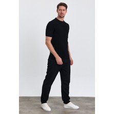 Combine Michail Erkek Siyah Bisiklet Yaka Slim Fit Çizgili Esnek Nefes Alan Triko T-Shirt