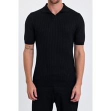 Combine Michail Erkek Siyah Slim Fit Çizgili Esnek Nefes Alan Polo Yaka Triko T-Shirt