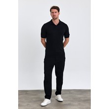Combine Michail Erkek Siyah Slim Fit Çizgili Esnek Nefes Alan Polo Yaka Triko T-Shirt