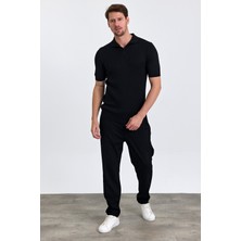 Combine Michail Erkek Siyah Slim Fit Çizgili Esnek Nefes Alan Polo Yaka Triko T-Shirt