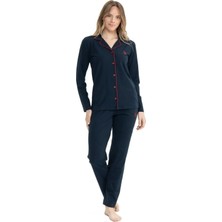 U.S. Polo Assn. 11000 Kadın Lacivert Uzun Kollu Önden Düğmeli Gömlek Pijama Takım