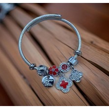 Stainles Steel Kırmızı Çiçek Detaylı Charm Çelik Bileklik