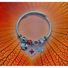 Stainles Steel Kırmızı Çiçek Detaylı Charm Çelik Bileklik