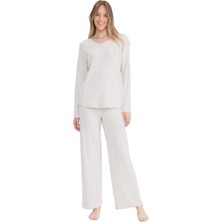 U.S. Polo Assn. 17090 Kadın Bej Uzun Kollu V Yaka Pijama Takım