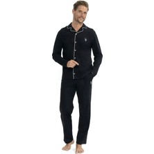 U.S. Polo Assn. Erkek Uzun Kollu Siyah Düğmeli Gömlek Pijama Takım Düz Desenli Rahat Kumaş