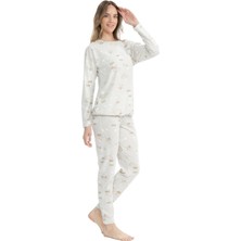 U.S. Polo Assn. 17120 Kadın Bej Melanj Uzun Kollu Yuvarlak Yaka Pijama Takım