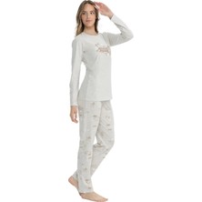 U.S. Polo Assn. 17122 Kadın Bej Melanj Uzun Kollu Yuvarlak Yaka Pijama Takım