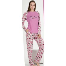 Pembe Üzeri Çiçekli M-L-XL Penye Pijama Takımı