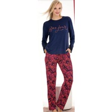 Lacivert Kırmızı Çiçekli M-L-XL Penye Pijama Takımı