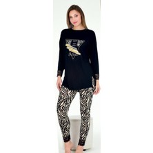 Siyah Kolları Dantelli Desenli Taytlı M-L-XL Penye Pijama Takımı
