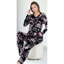 Siyah Üzeri Beyaz Çiçekli M-L-XL Penye Pijama Takımı