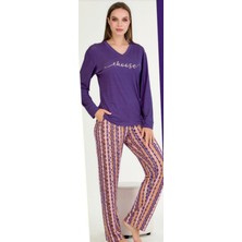 Mor Uzun Kollu Renkli Desenli M-L-XL Penye Pijama Takımı