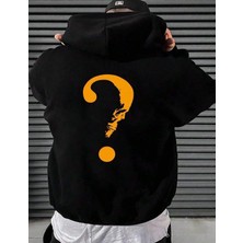 Belabre Oversize Erkek Soru Işareti Baskılı Siyah Kapüşonlu Sweatshirt