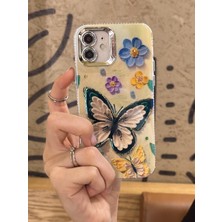 Paladyum Case iPhone 12 Uyumlu Lens Korumalı Simli Kelebekli Çiçekli Kılıf