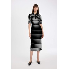DeFacto Bodycon Vücuda Oturan Düğmeli Polo Yaka Çizgili Fitilli Kaşkorse Yarım Kol Midi Elbise D5864AX24AU