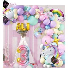 3 Yaş ve 3 Harfli Gökkuşağı Konsepti Unicorn Temalı Makaron Balon Doğum Günü Parti Kutlama Seti