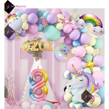 4 Harfli 8 Yaş Gökkuşağı Konsepti Unicorn Temalı Makaron Balon Doğum Günü Parti Kutlama Seti