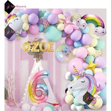 4 Harfli 6 Yaş Gökkuşağı Konsepti Unicorn Temalı Makaron Balon Doğum Günü Parti Kutlama Seti