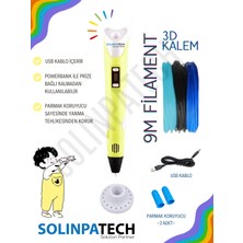 Solinpatech Sarı 3D Pen Üç Boyutlu Yazıcı Kalem Printer (3 Adet 3 Metre Filament -9 Metre- ve USB Kablo Dahil)