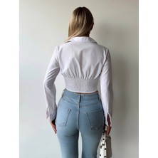 Meros Atelier Kadın Beyaz Korseli Beli Lastikli Crop Gömlek