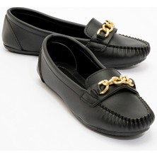 Ccway Kadın Zincir Tokalı Babet Siyah Cilt