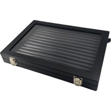 Özer Kutu Camlı Kapaklı Rulo Yuzuk-Takı Tablası Siyah Deri / Içi Siyah