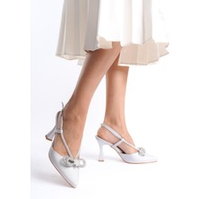 Modabuymus Bowtie Gri Saten Taşlı Stiletto Abiye Ayakkabı