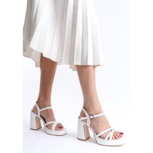 Modabuymus Olga Beyaz Mat Yüksek  Kalın Platform Topuklu Ayakkabı