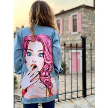 Poupee Jean Ceket, Pop-Art Desenli Kot Ceket, Desenli Denim Ceket