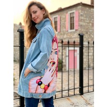 Poupee Jean Ceket, Pop-Art Desenli Kot Ceket, Desenli Denim Ceket