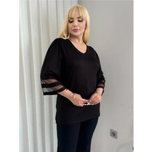 ViolettaXL Kadın Büyük Beden Yaka Taşlı Kolları Tüllü Esnek Viskon Tunik