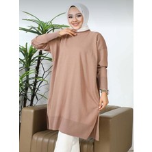 SFG Life Moda Kadın Bisiklet Yaka Eteği Yırtmaçlı Şık Merserize Salaş Triko Tunik