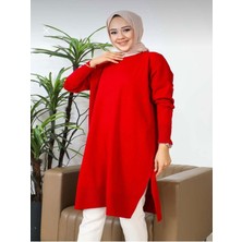 SFG Life Moda Kadın Bisiklet Yaka Eteği Yırtmaçlı Şık Merserize Salaş Triko Tunik