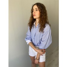 Nice Boutique Mavi Çizgili Poplin Kumaş Oversize Kadın Gömlek