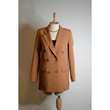 Dlq Kadın Dökümlü Oversize Kruvaze Blazer Ceket Kahverengi Düğmeli Uzun Camel