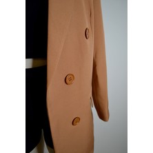 Dlq Kadın Dökümlü Oversize Kruvaze Blazer Ceket Kahverengi Düğmeli Uzun Camel