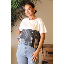 Nazen Giyim Çıtçıtlı Kot Baskılı Ekru Kadın T-Shirt  28650-2Y4