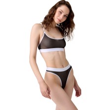 Cottonhill Siyah Beyaz Lastik Detaylı Transparan Tüllü Ayarlanabilir Askılı Kadın Sütyen Takımı